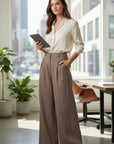 Tan linen-blend wide-leg trousers, high-waist with pleated front and wide legs