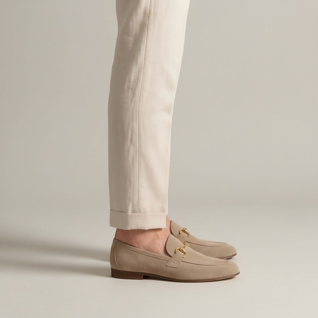 Beige suede loafers with horsebit detail, almond toe slip-on shoes