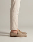 Beige suede loafers with horsebit detail, almond toe slip-on shoes