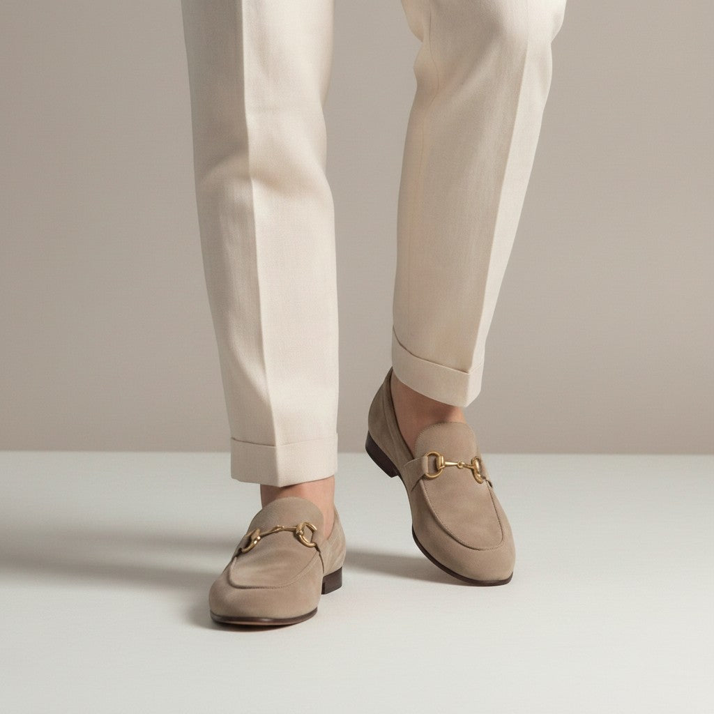 Beige suede loafers with horsebit detail, almond toe slip-on shoes