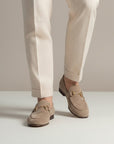 Beige suede loafers with horsebit detail, almond toe slip-on shoes