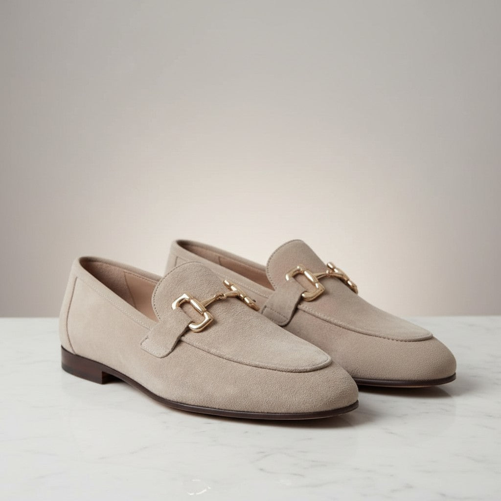 Beige suede loafers with horsebit detail, almond toe slip-on shoes