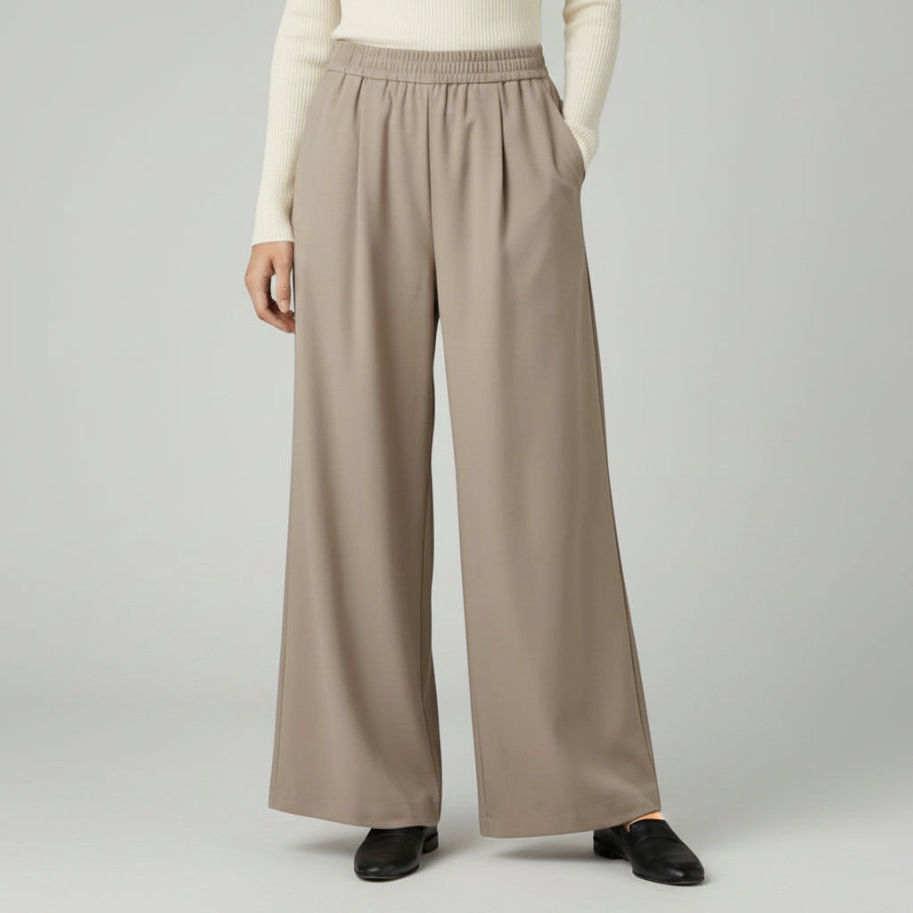 Wide-leg trousers with elastic waist, taupe, wide-leg flowy fit