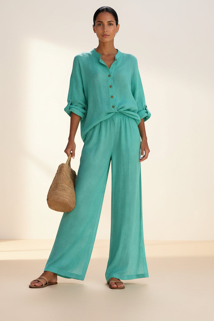 BENJAMIN LONDON Clementine women's teal linen blend button blouse and wide leg trousers set.