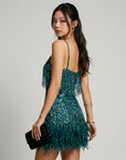 Teal sequin mini dress with spaghetti straps and feather fringe hem