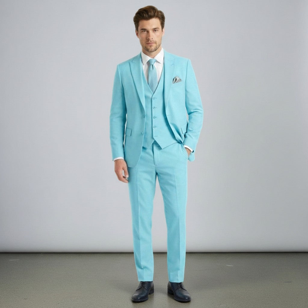 Light blue men’s three-piece suit set with tailored jacket, waistcoat, and matching trousers
