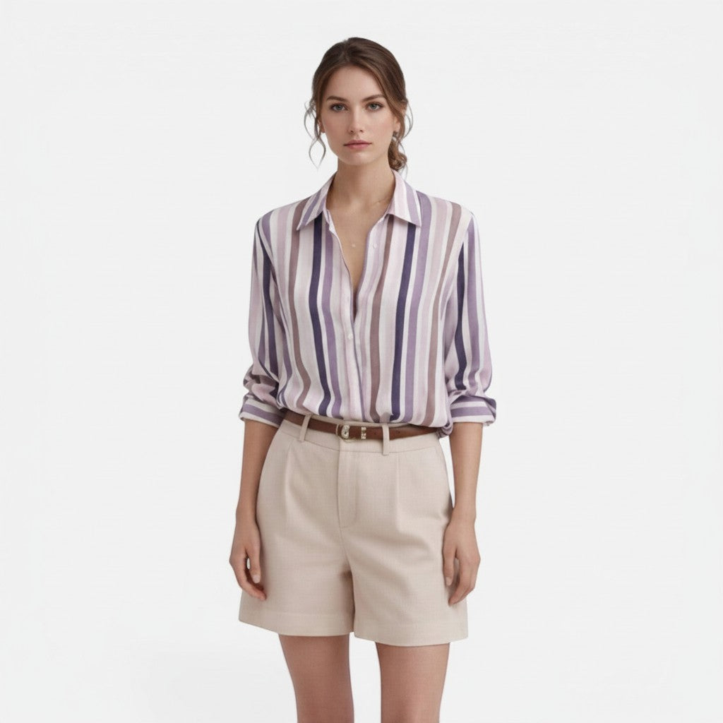 Women’s cotton vertical stripe blouse, button-up collar, roll-tab sleeves, pastel stripes
