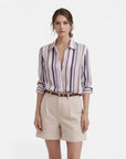 Women’s cotton vertical stripe blouse, button-up collar, roll-tab sleeves, pastel stripes
