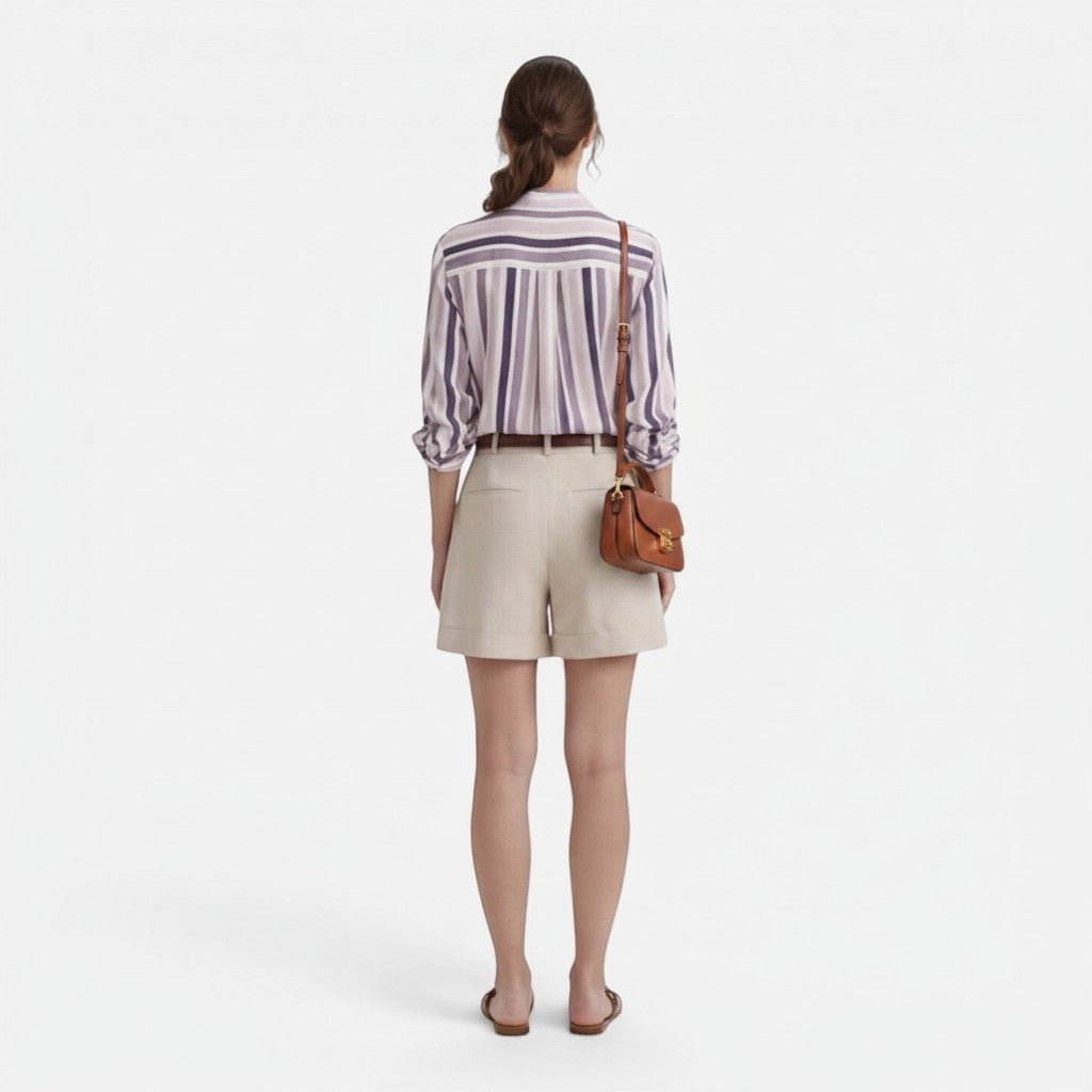 Women’s cotton vertical stripe blouse, back view, button-front detail, cuffed sleeves