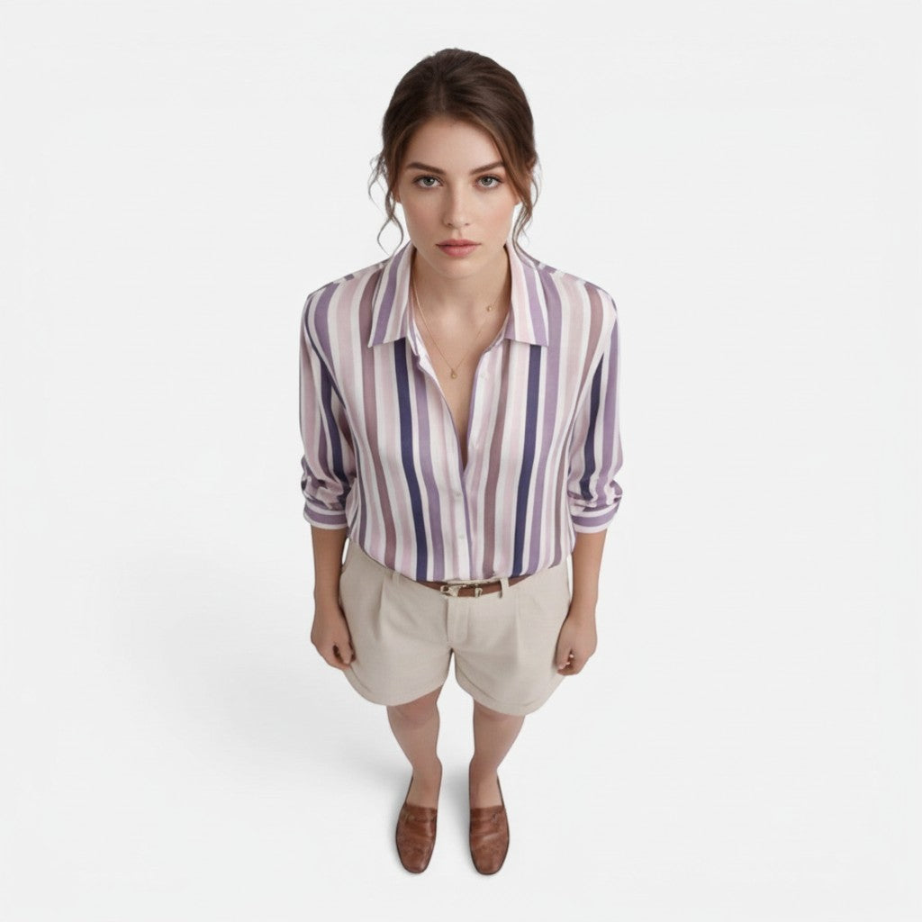 Women’s cotton vertical stripe blouse with button-front and pointed collar, rolled sleeves