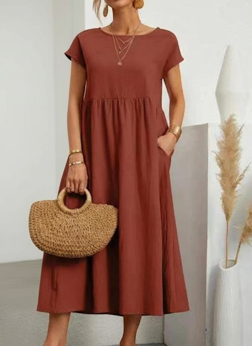 Women’s cotton-linen maxi dress, short sleeves, gathered waist, rust red
