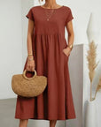 Women’s cotton-linen maxi dress, short sleeves, gathered waist, rust red