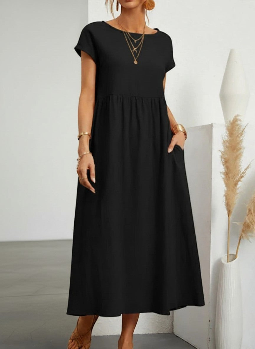 Women’s cotton-linen maxi dress, short sleeves, gathered waist, black