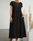 Women’s cotton-linen maxi dress, short sleeves, gathered waist, black
