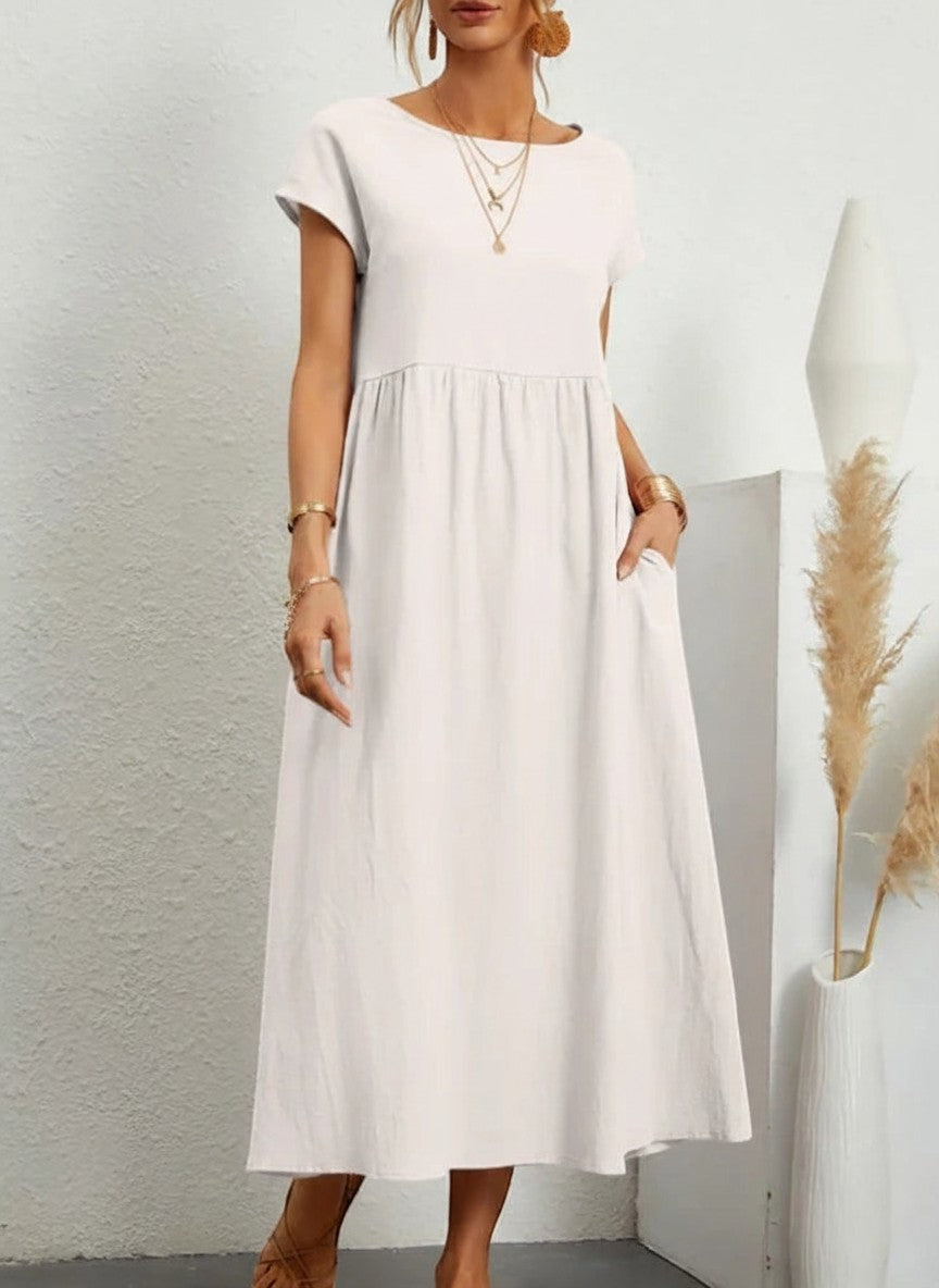 Women’s cotton-linen maxi dress, short sleeves, gathered waist, white