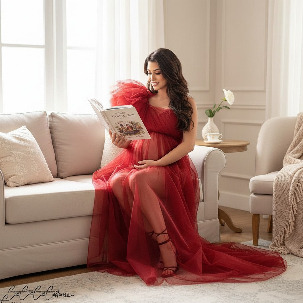 Red sheer tulle maternity dress with layered skirt and off-shoulder puff accents