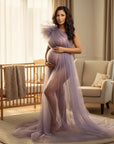 Lavender sheer tulle maternity dress with puff sleeves and long flowing skirt
