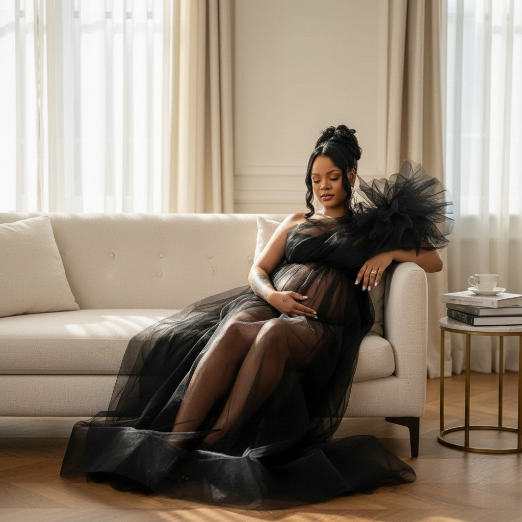 Black sheer tulle maternity gown with wide tulle sleeves and flowing layered skirt