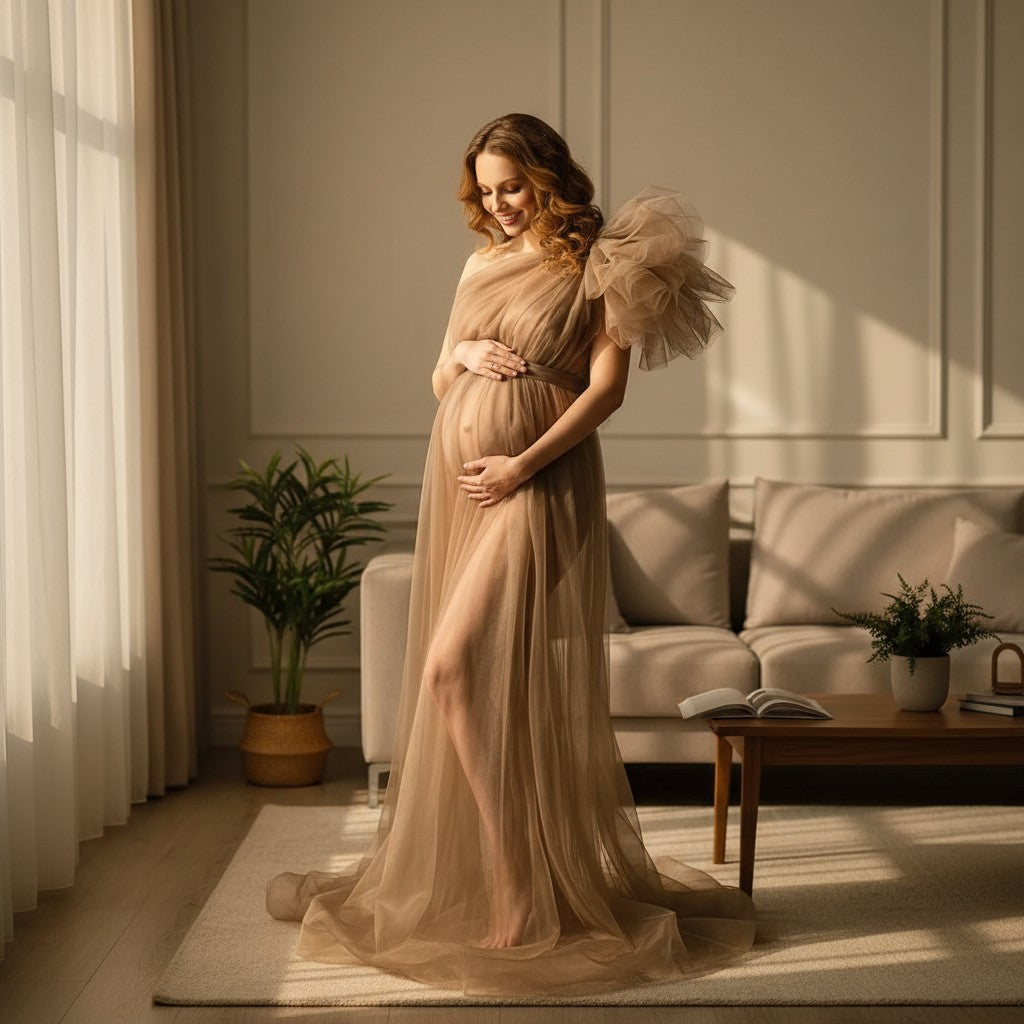 Beige sheer tulle maternity dress with sheer puff sleeves and long flowing skirt