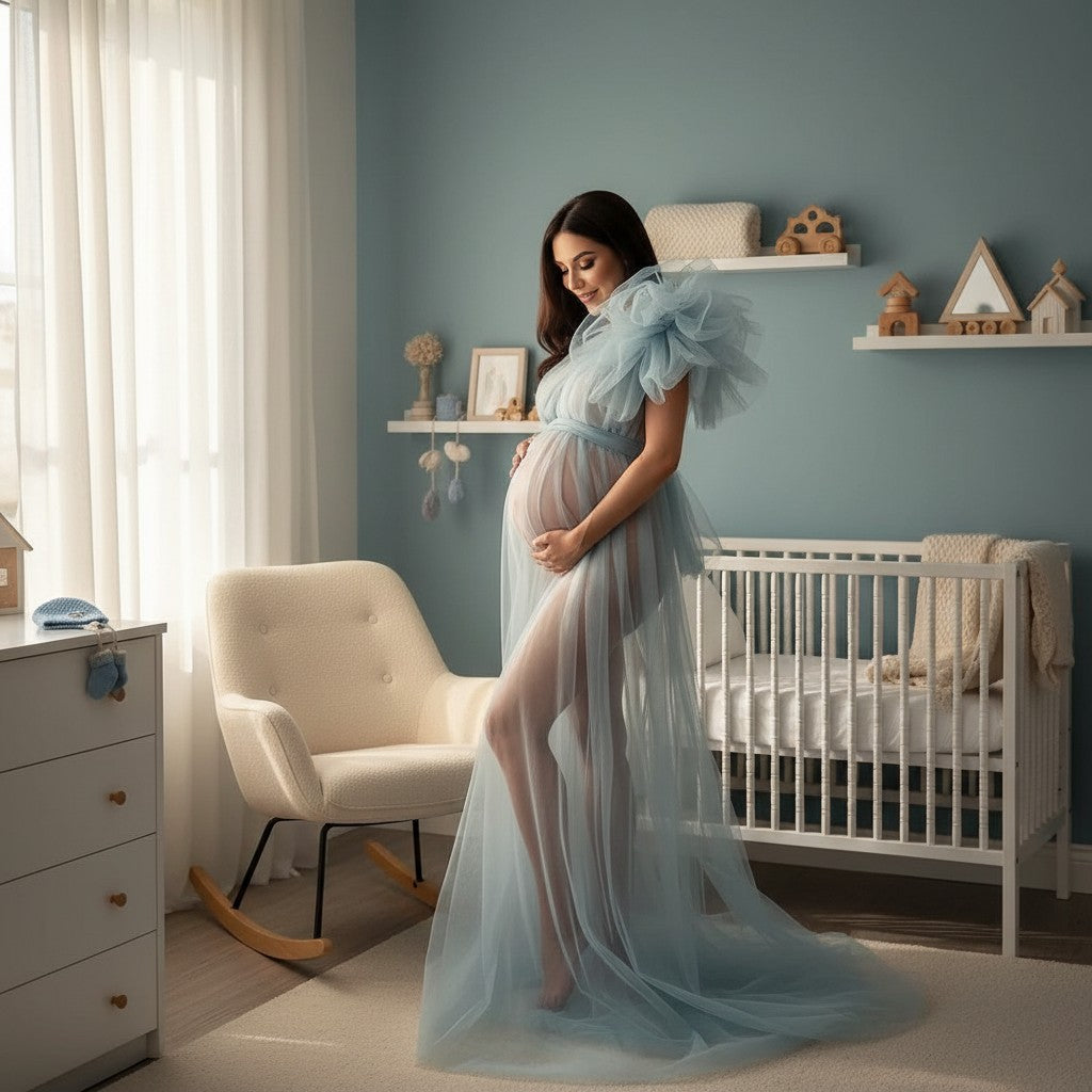 Light blue sheer tulle maternity gown with off-shoulder bodice and feathered sleeve