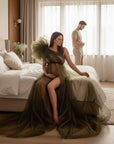Olive sheer tulle maternity dress with layered skirt and large tulle shoulder detail