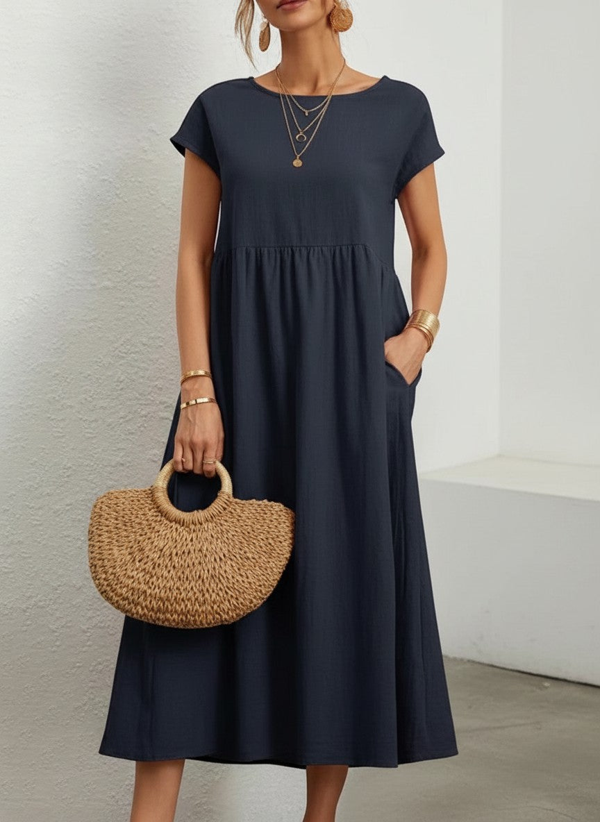 Women’s cotton-linen maxi dress, short sleeves, gathered waist, navy
