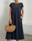 Women’s cotton-linen maxi dress, short sleeves, gathered waist, navy