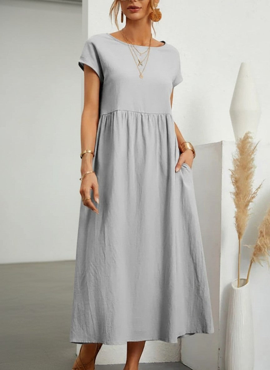 Women’s cotton-linen maxi dress, short sleeves, gathered waist, light gray