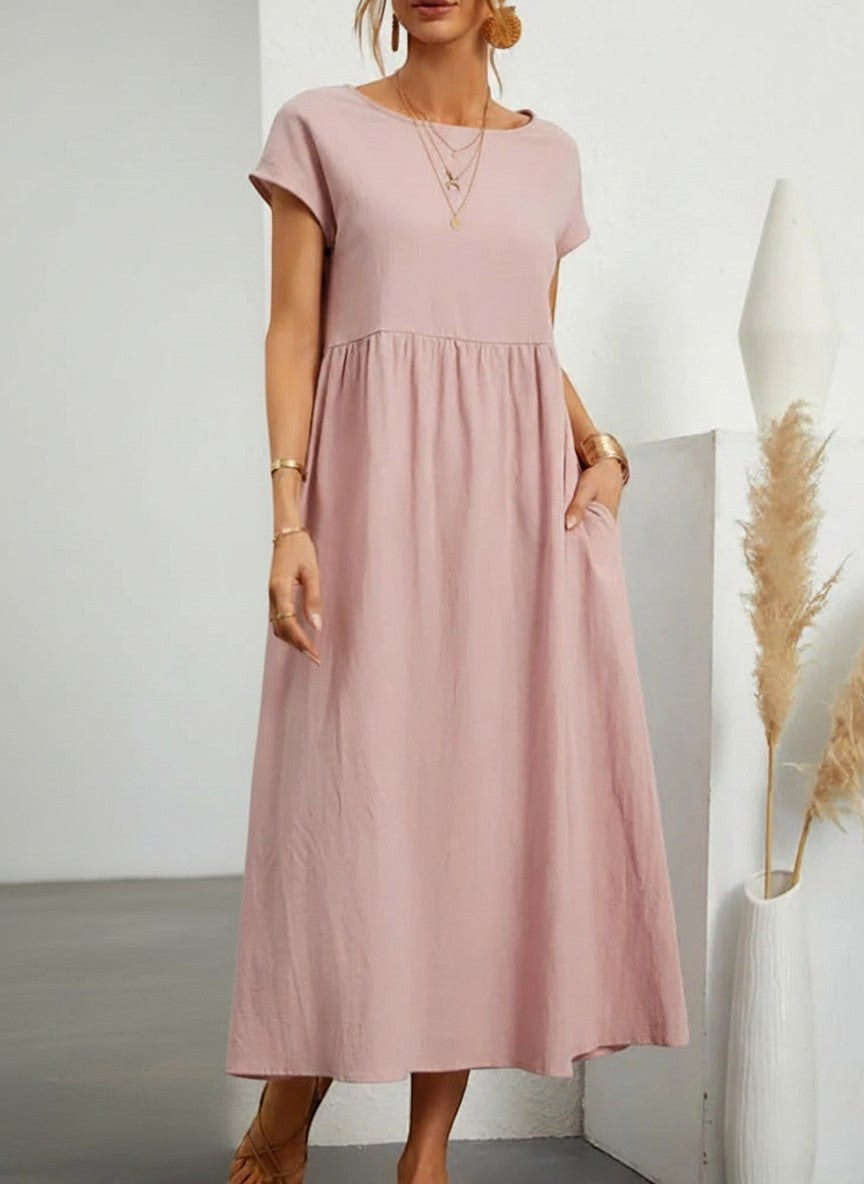 Women’s cotton-linen maxi dress, short sleeves, gathered waist, dusty pink