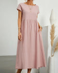 Women’s cotton-linen maxi dress, short sleeves, gathered waist, dusty pink