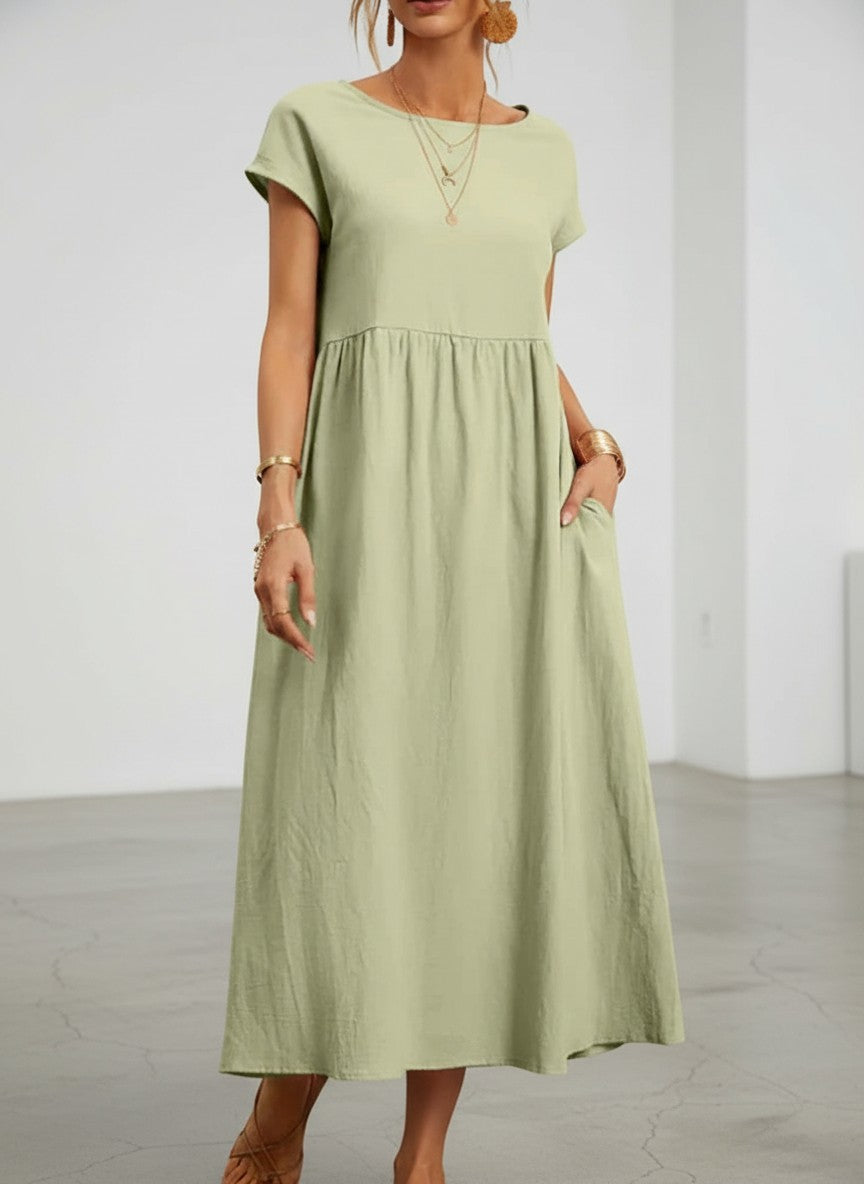 Women’s cotton-linen maxi dress, short sleeves, gathered waist, light green