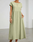 Women’s cotton-linen maxi dress, short sleeves, gathered waist, light green