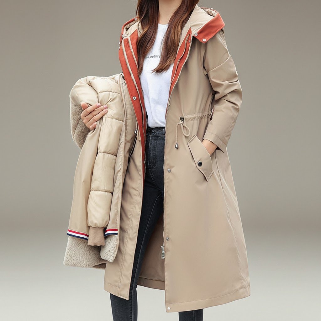 Beige waterproof hooded parka with drawstring waist, button front, red-lined hood