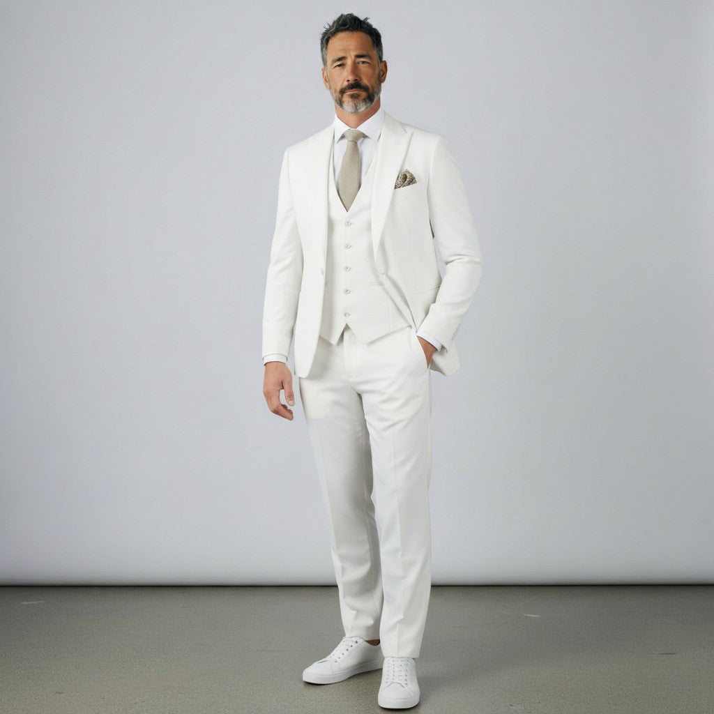 White three-piece suit set with tailored jacket, waistcoat, and matching trousers