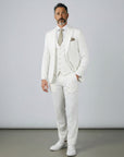 White three-piece suit set with tailored jacket, waistcoat, and matching trousers