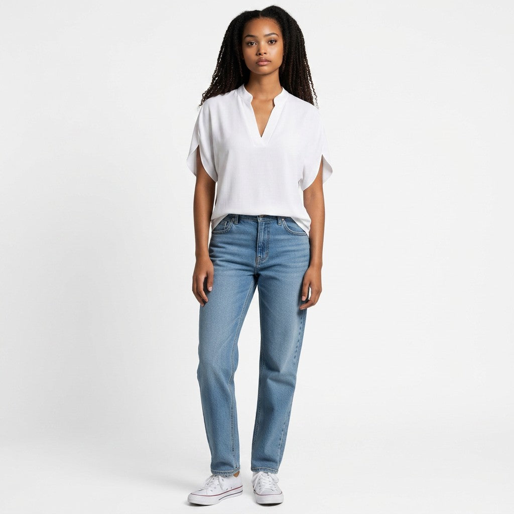 White lightweight chiffon blouse, V-neck with draped short sleeves