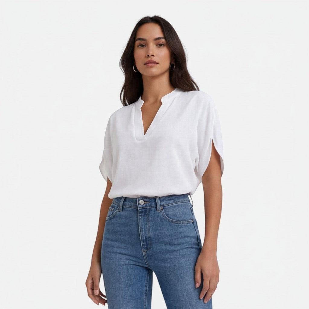 White lightweight chiffon blouse with V-neck and short sleeves