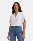 White lightweight chiffon blouse with V-neck and short sleeves