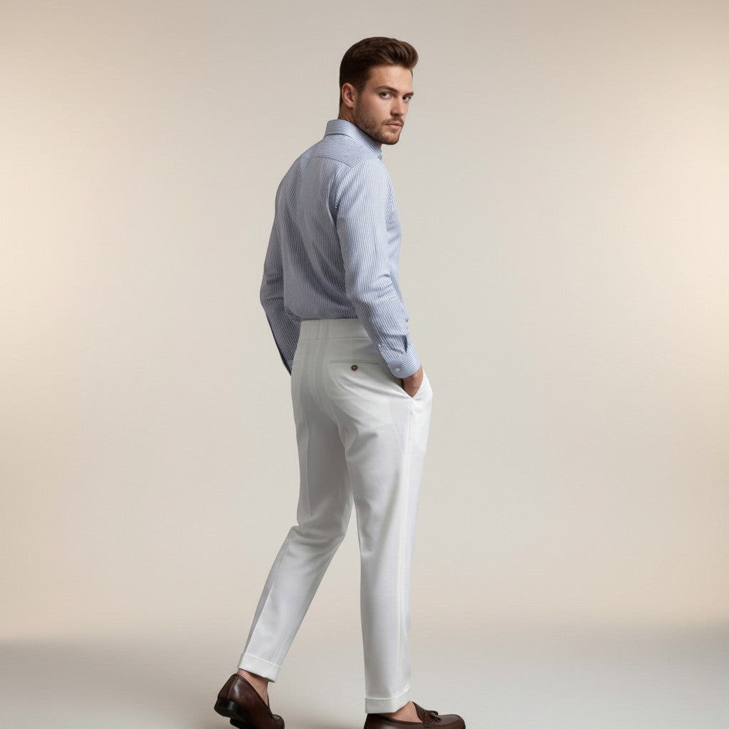 Men's high-waisted straight-leg tailored trousers in white, side view