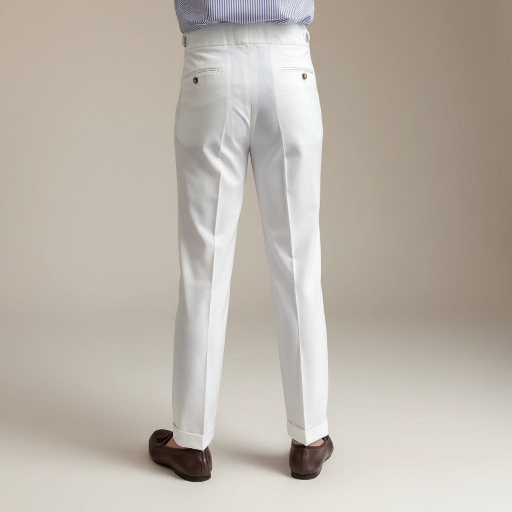 Men's high-waisted straight-leg tailored trousers in white, front view with belt loops