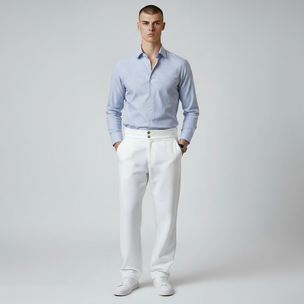 Men's high-waisted straight-leg tailored trousers in white, full front view