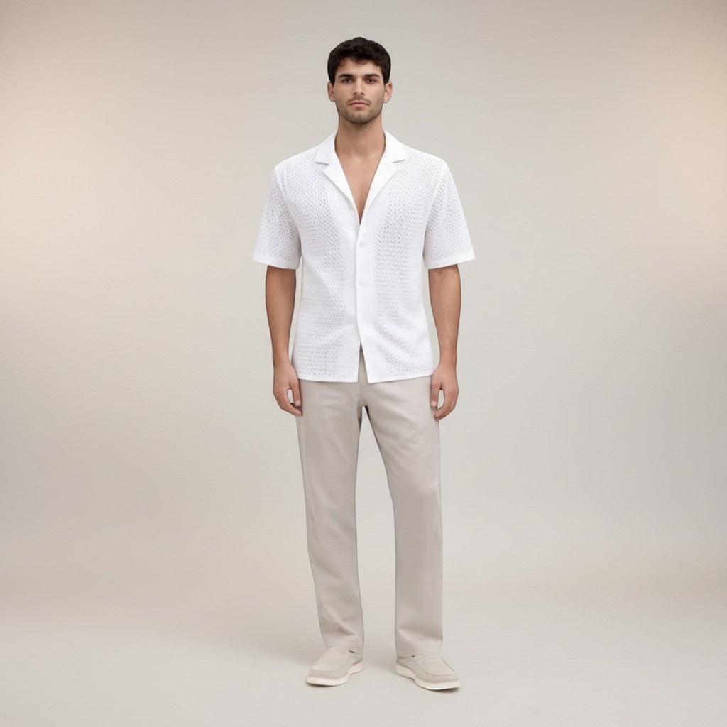 Men's white knit short-sleeve button-up shirt, open collar, textured pattern