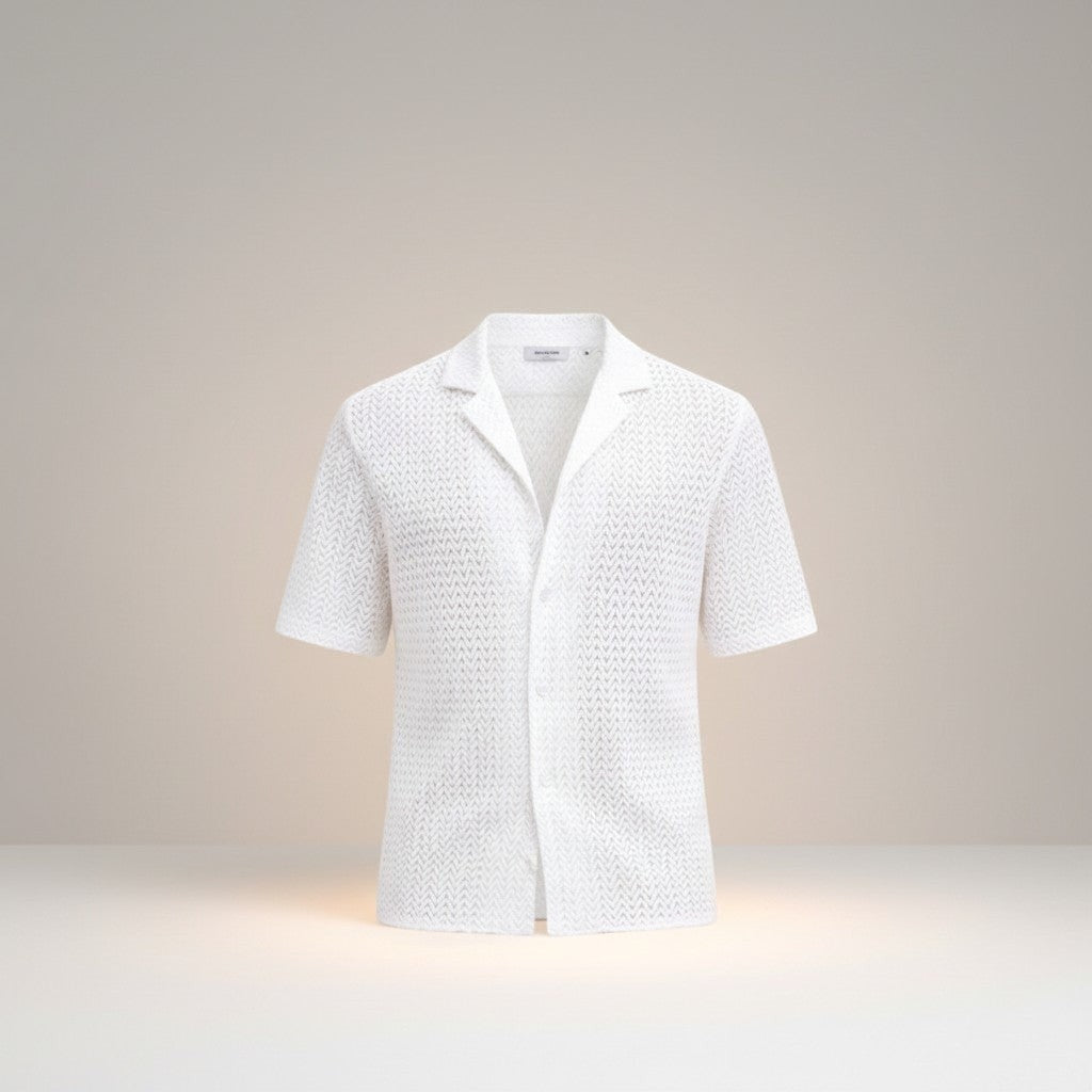 Men's white knit short-sleeve button-up shirt, open collar, textured weave