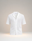 Men's white knit short-sleeve button-up shirt, open collar, textured weave