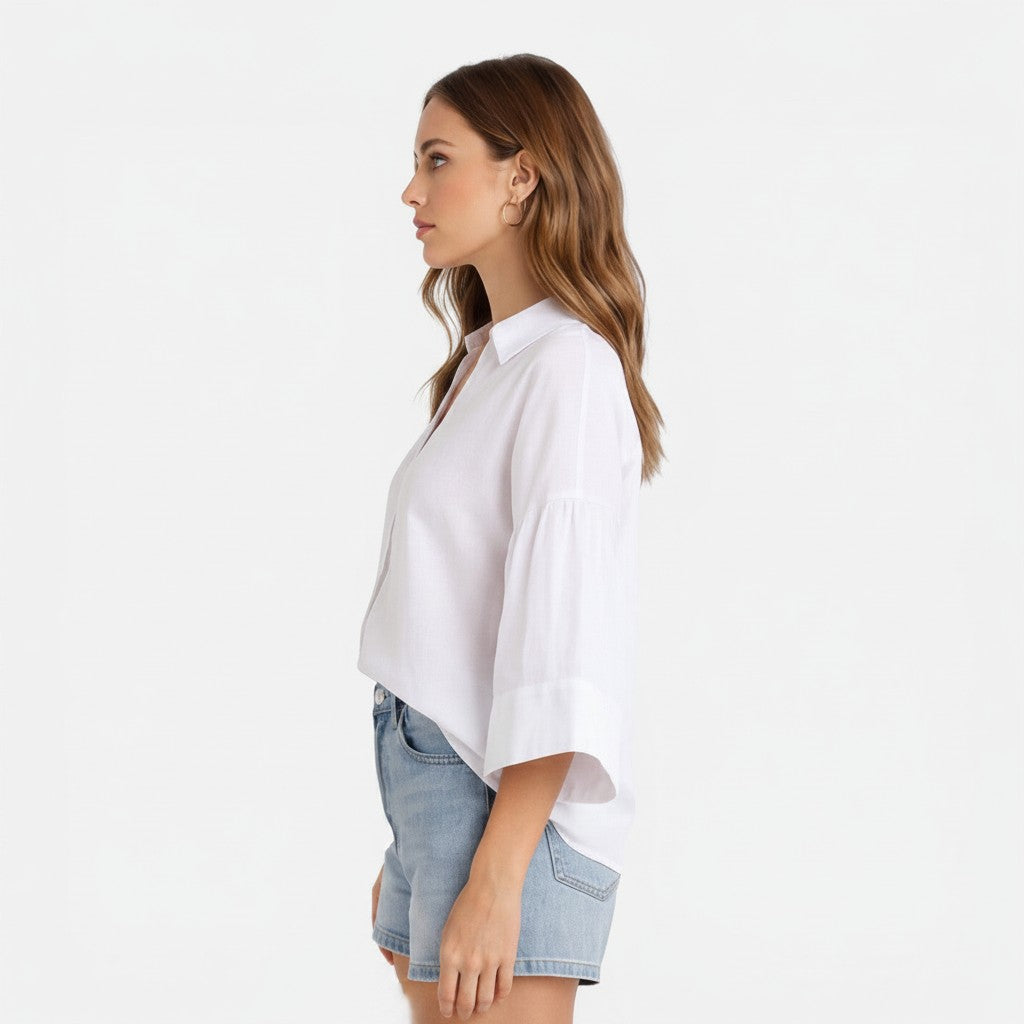 Lightweight cotton blouse, white, relaxed fit, side view with button-front and wide short sleeves