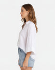 Lightweight cotton blouse, white, relaxed fit, side view with button-front and wide short sleeves
