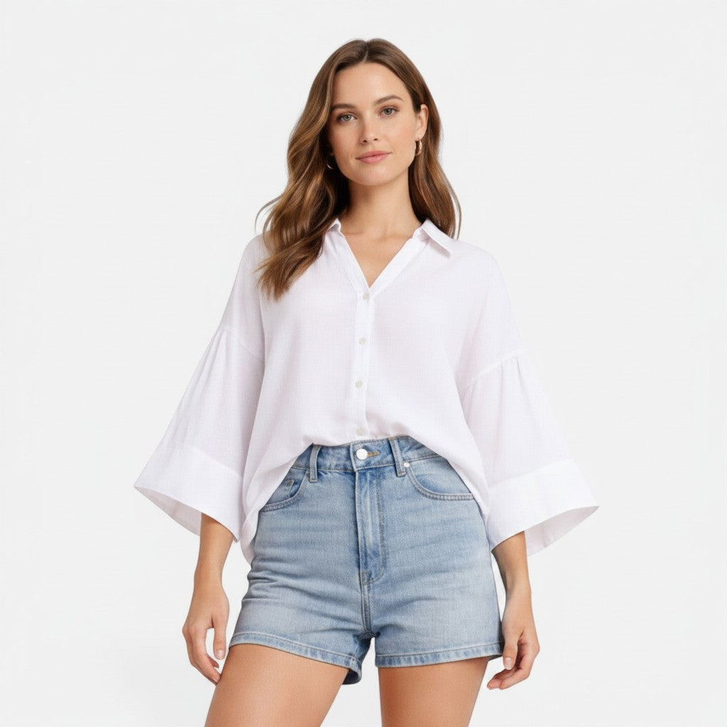 Lightweight cotton blouse, white, relaxed fit, draped wide sleeves and button-front placket