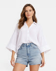 Lightweight cotton blouse, white, relaxed fit, draped wide sleeves and button-front placket