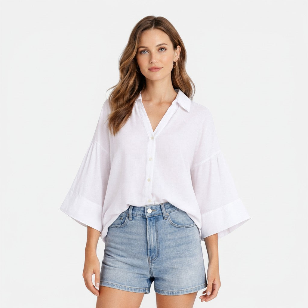 Lightweight cotton blouse, white, relaxed fit, button-front with short dolman sleeves