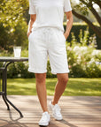Women’s linen bermuda shorts, white drawstring waist, relaxed breathable fit